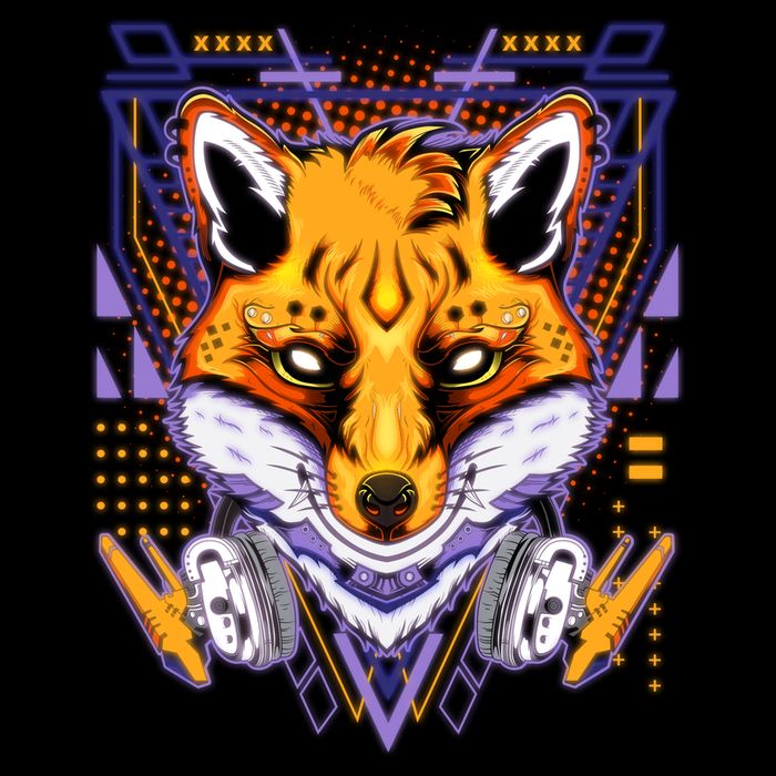 Japanese Digital Kitune Fox With Headphone Drawstring Bag