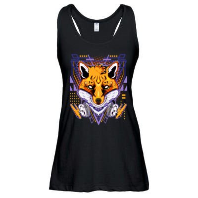 Japanese Digital Kitune Fox With Headphone Ladies Essential Flowy Tank