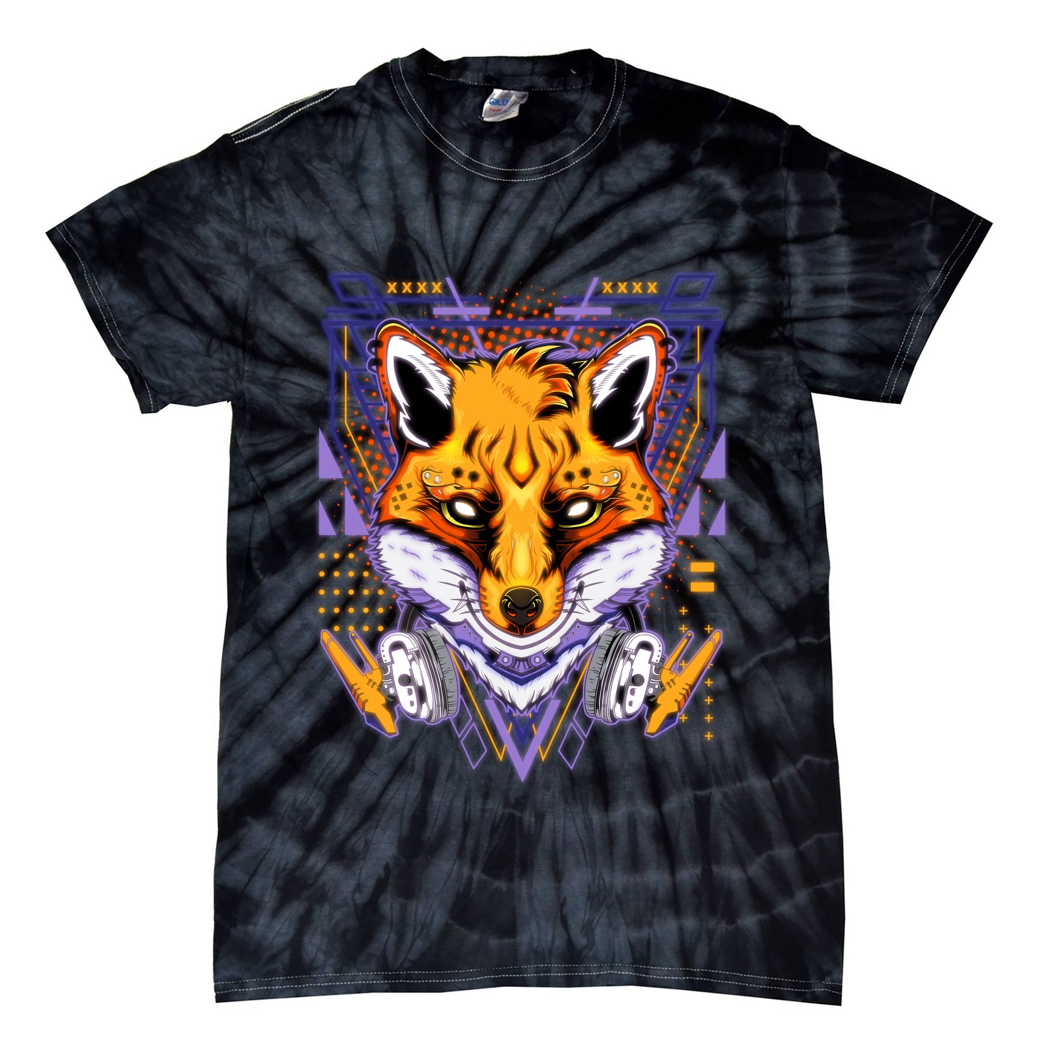 Japanese Digital Kitune Fox With Headphone Tie-Dye T-Shirt