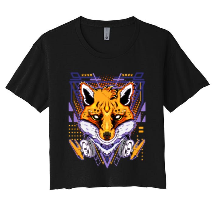 Japanese Digital Kitune Fox With Headphone Crop Top