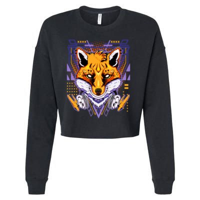 Japanese Digital Kitune Fox With Headphone Cropped Pullover Crew