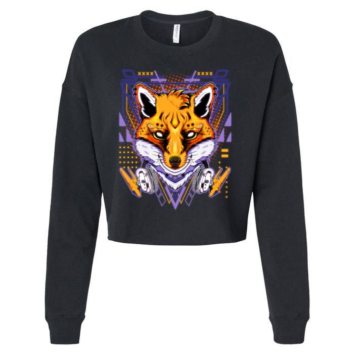 Japanese Digital Kitune Fox With Headphone Cropped Pullover Crew