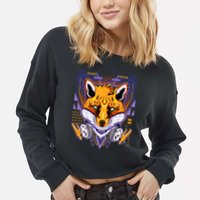 Japanese Digital Kitune Fox With Headphone Cropped Pullover Crew