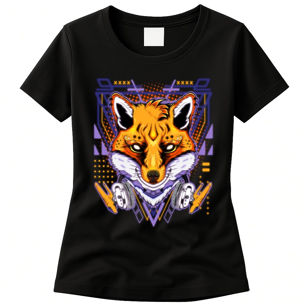 Japanese Digital Kitune Fox With Headphone Womens T-Shirt