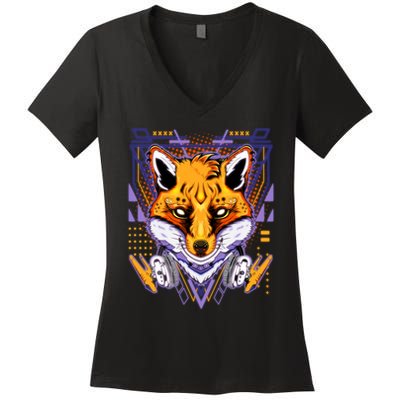 Japanese Digital Kitune Fox With Headphone Women's V-Neck T-Shirt
