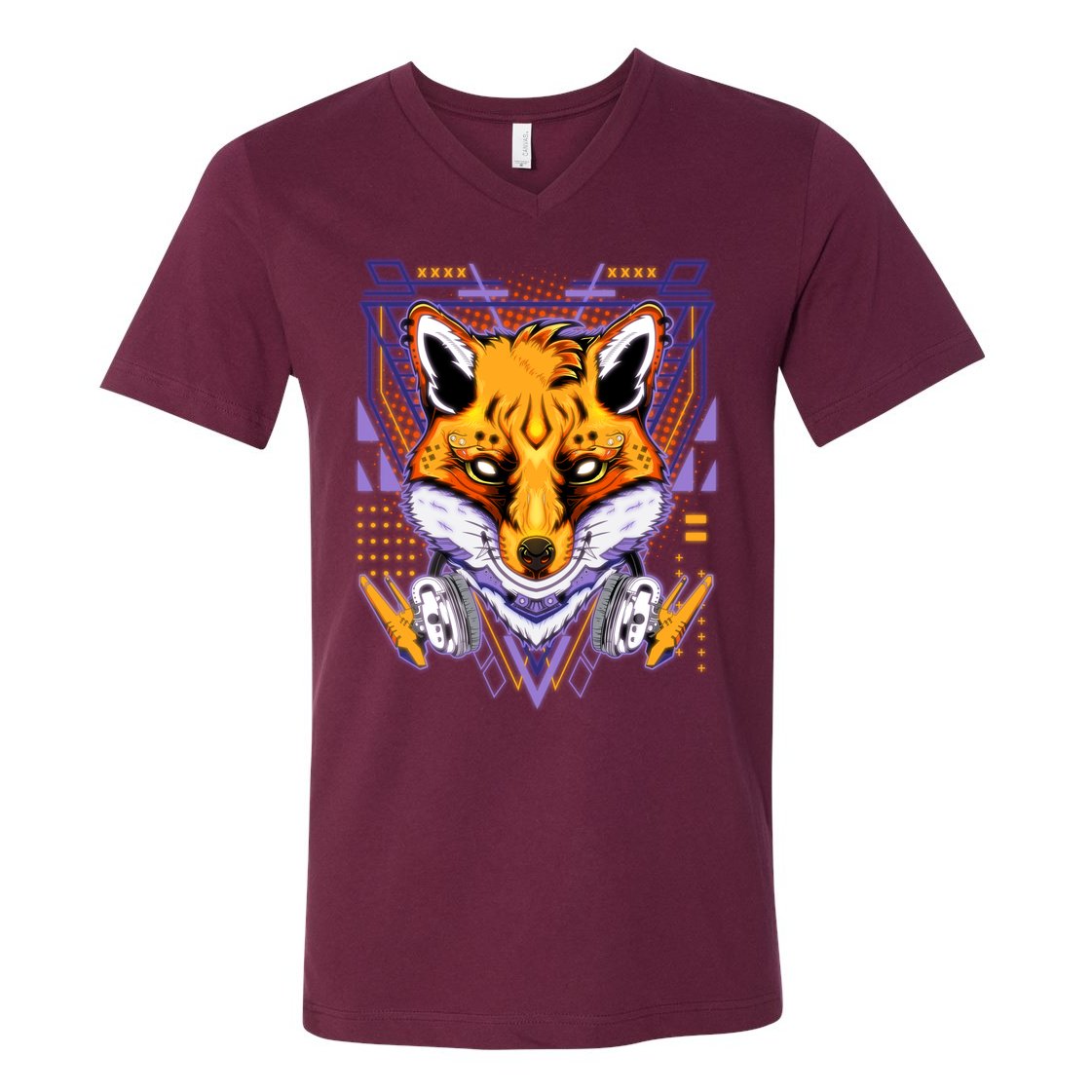 Japanese Digital Kitune Fox With Headphone V-Neck T-Shirt