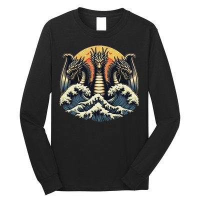 Japanese Dragon King Ghidorah Great Wave Off Kanagawa Sunset Long Sleeve Shirt