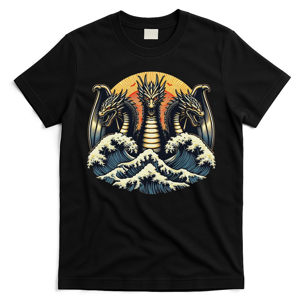 Japanese Dragon King Ghidorah Great Wave Off Kanagawa Sunset T-Shirt