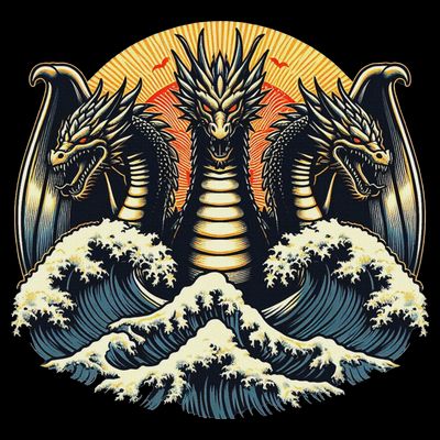 Japanese Dragon King Ghidorah Great Wave Off Kanagawa Sunset T-Shirt