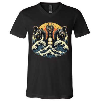 Japanese Dragon King Ghidorah Great Wave Off Kanagawa Sunset V-Neck T-Shirt