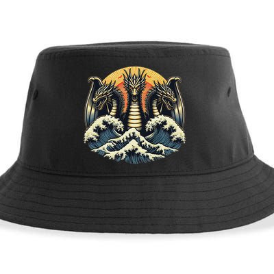 Japanese Dragon King Ghidorah Great Wave Off Kanagawa Sunset Sustainable Bucket Hat