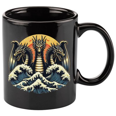 Japanese Dragon King Ghidorah Great Wave Off Kanagawa Sunset 11oz C Handle Ceramic Mug