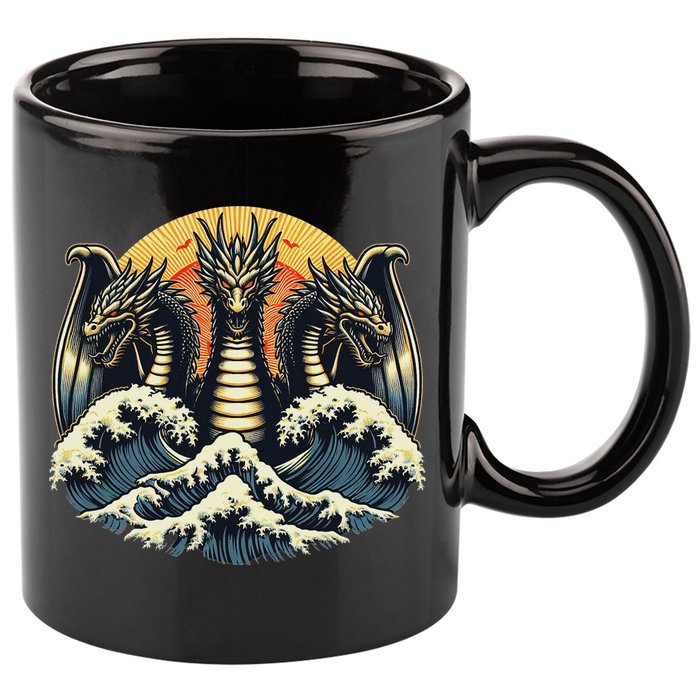 Japanese Dragon King Ghidorah Great Wave Off Kanagawa Sunset 11oz C Handle Ceramic Mug