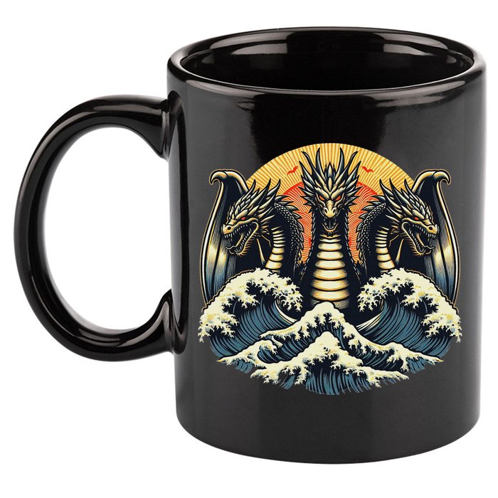 Japanese Dragon King Ghidorah Great Wave Off Kanagawa Sunset 11oz C Handle Ceramic Mug