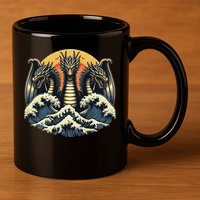 Japanese Dragon King Ghidorah Great Wave Off Kanagawa Sunset 11oz C Handle Ceramic Mug