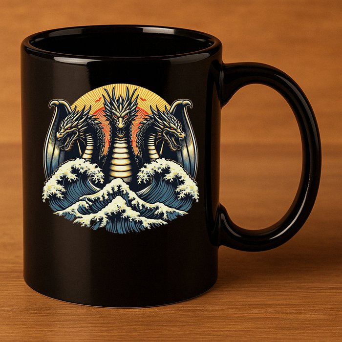 Japanese Dragon King Ghidorah Great Wave Off Kanagawa Sunset 11oz C Handle Ceramic Mug