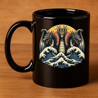 Japanese Dragon King Ghidorah Great Wave Off Kanagawa Sunset 11oz C Handle Ceramic Mug
