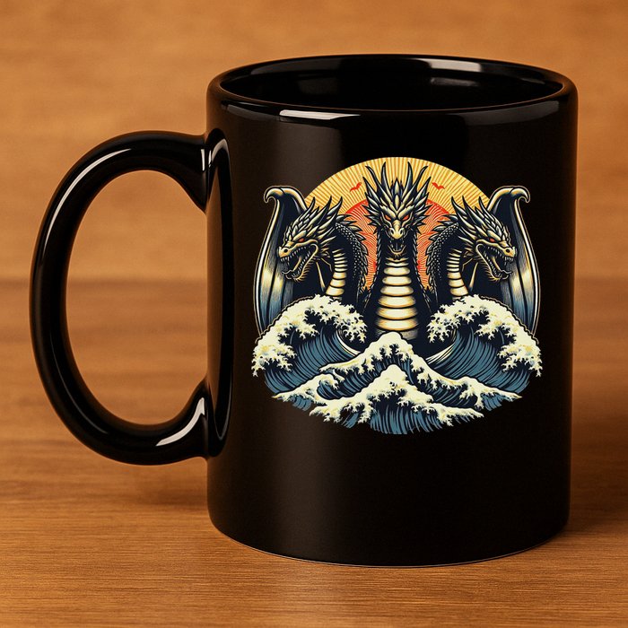 Japanese Dragon King Ghidorah Great Wave Off Kanagawa Sunset 11oz C Handle Ceramic Mug