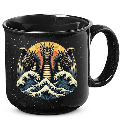 Japanese Dragon King Ghidorah Great Wave Off Kanagawa Sunset 15oz Campfire Ceramic Mug
