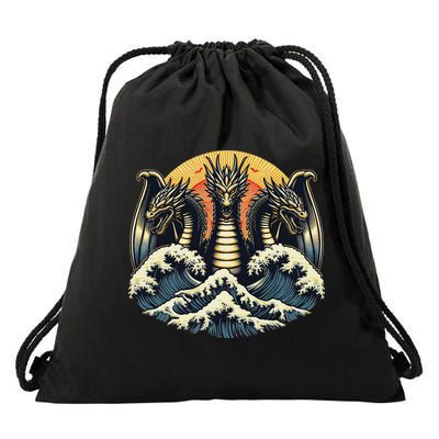 Japanese Dragon King Ghidorah Great Wave Off Kanagawa Sunset Drawstring Bag