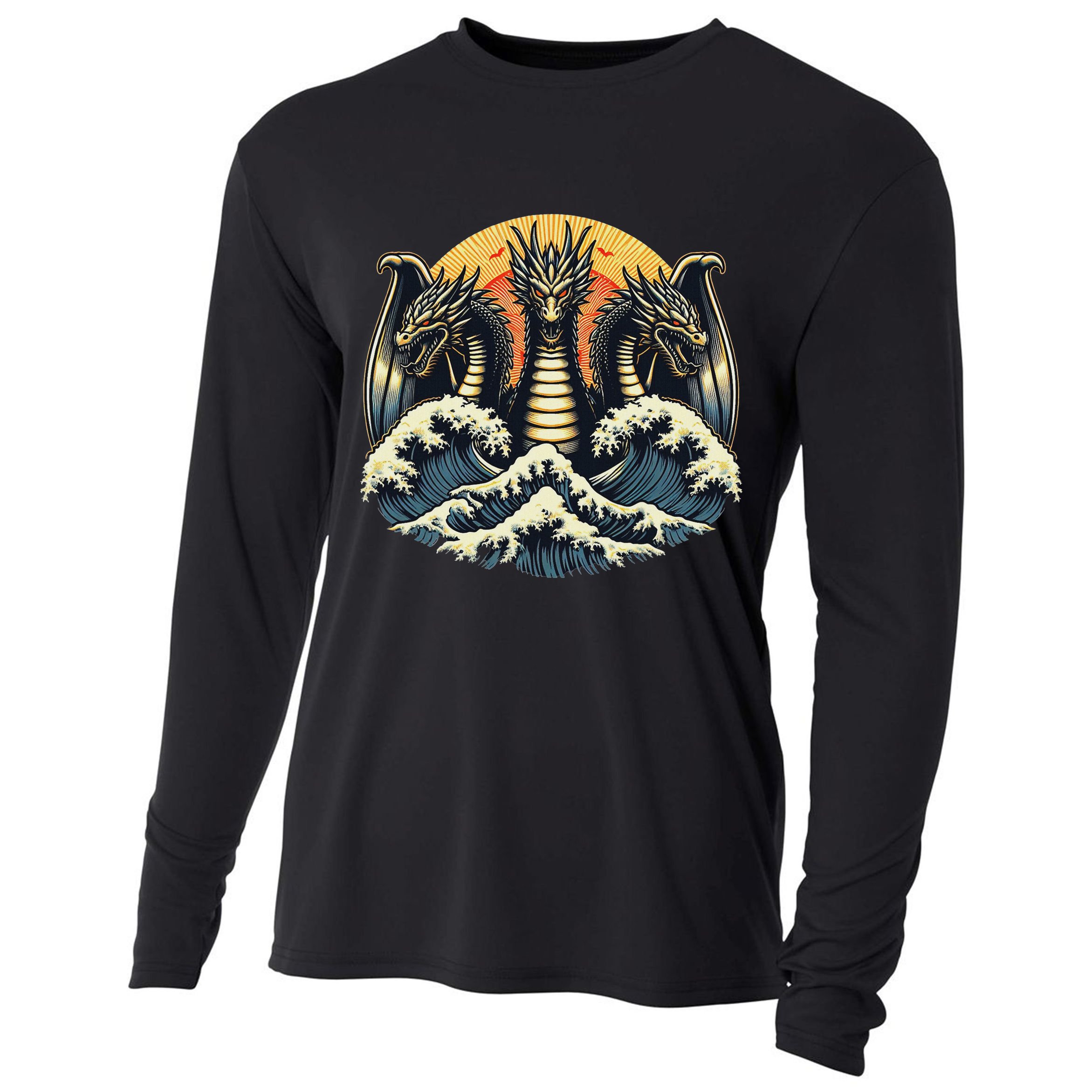 Japanese Dragon King Ghidorah Great Wave Off Kanagawa Sunset Cooling Performance Long Sleeve Crew