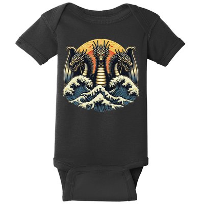 Japanese Dragon King Ghidorah Great Wave Off Kanagawa Sunset Baby Bodysuit