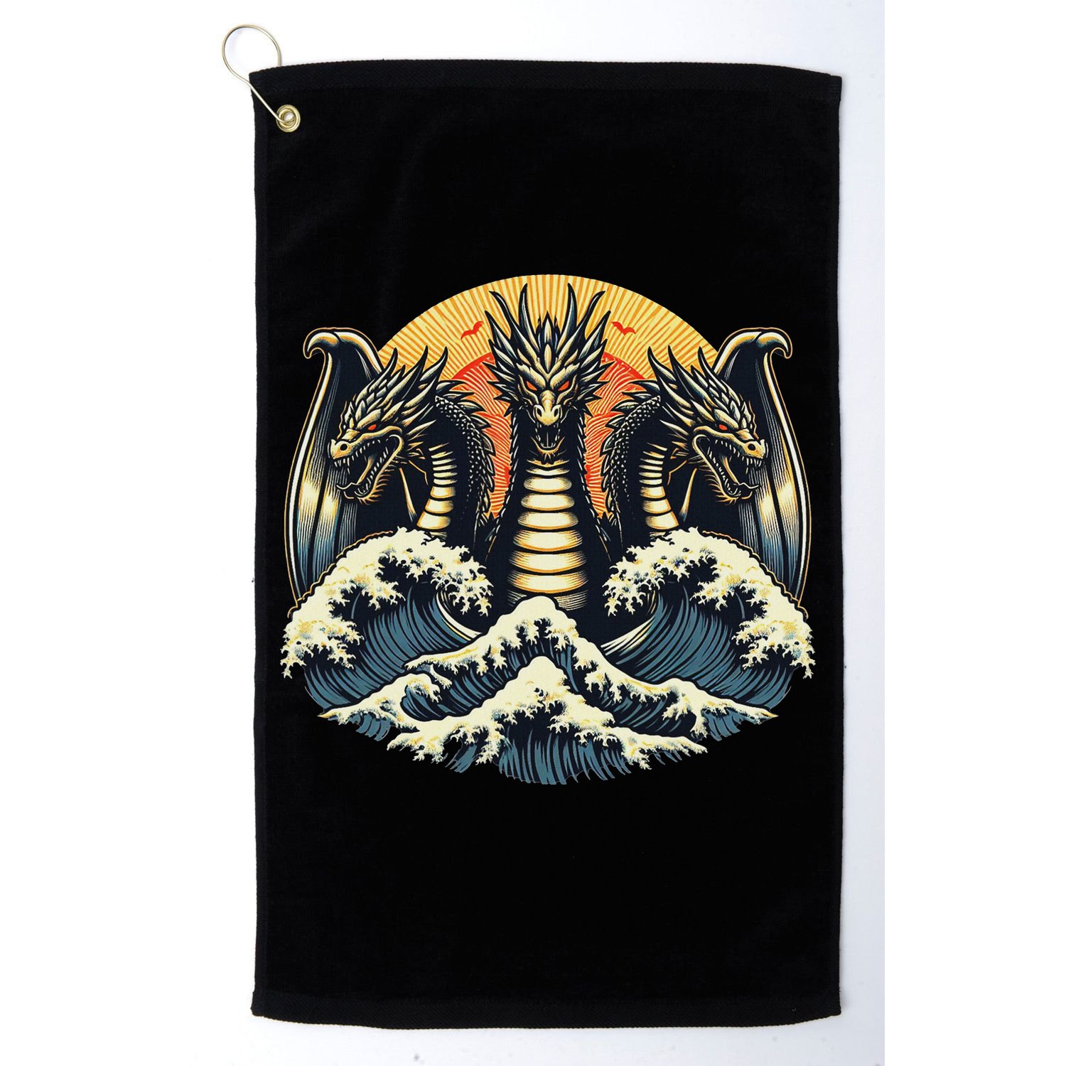 Japanese Dragon King Ghidorah Great Wave Off Kanagawa Sunset Golf Towel