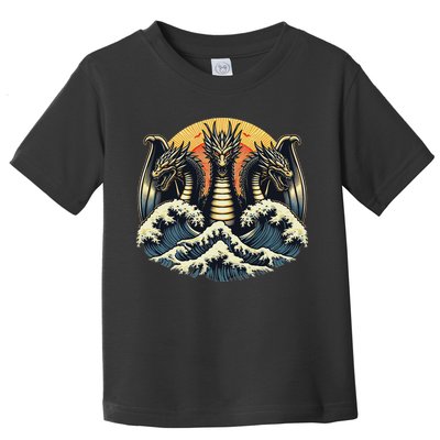 Japanese Dragon King Ghidorah Great Wave Off Kanagawa Sunset Toddler T-Shirt