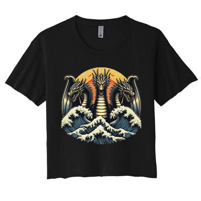 Japanese Dragon King Ghidorah Great Wave Off Kanagawa Sunset Women's Crop Top Tee