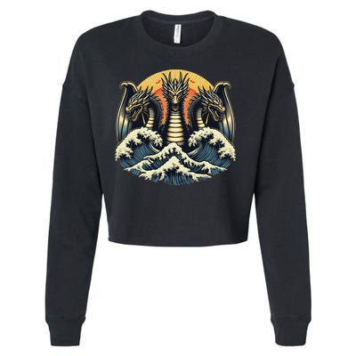 Japanese Dragon King Ghidorah Great Wave Off Kanagawa Sunset Cropped Pullover Crew