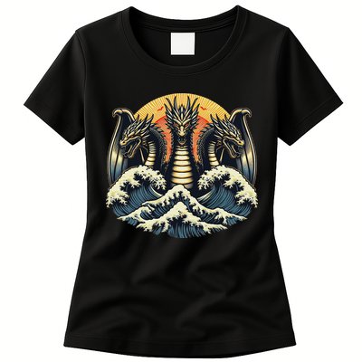 Japanese Dragon King Ghidorah Great Wave Off Kanagawa Sunset Womens T-Shirt