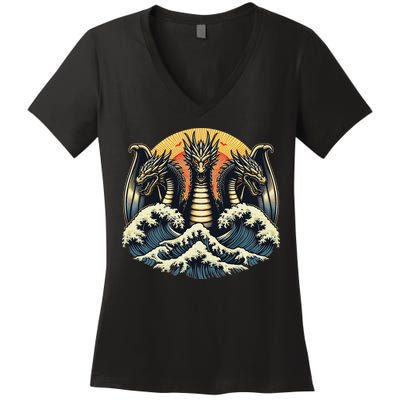 Japanese Dragon King Ghidorah Great Wave Off Kanagawa Sunset Women's V-Neck T-Shirt