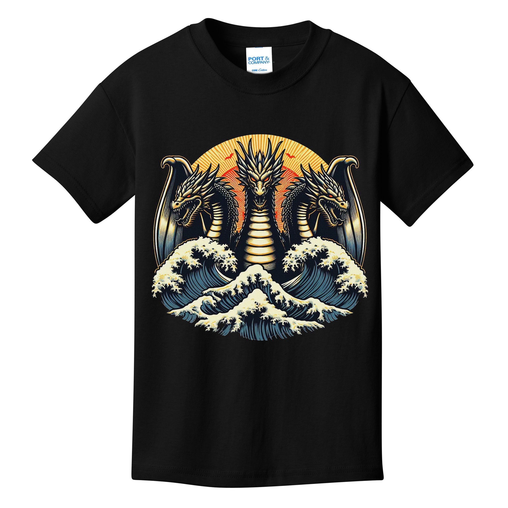 Japanese Dragon King Ghidorah Great Wave Off Kanagawa Sunset Kids T-Shirt
