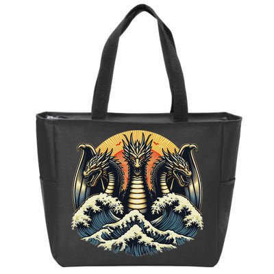 Japanese Dragon King Ghidorah Great Wave Off Kanagawa Sunset Zip Tote Bag