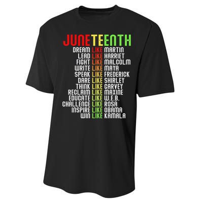 Juneteenth Dream Like Leaders Black Performance Sprint T-Shirt