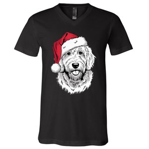 Joyful Doodle Santa Dog On Golden Doodle Christmas V-Neck T-Shirt