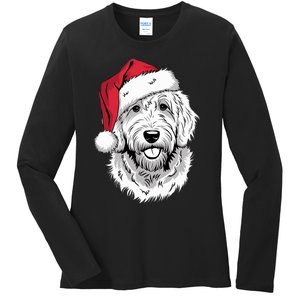 Joyful Doodle Santa Dog On Golden Doodle Christmas Ladies Long Sleeve Shirt