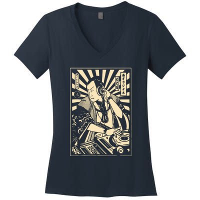 Japanese DJ Samurai Warrior Bushido Code Swordsmen Anime Manga Women's V-Neck T-Shirt