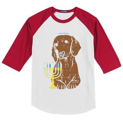 Jewish Dachshund Wiener Dog Hanukkah Pajamas Chanukah PJs  Kids Colorblock Raglan Jersey