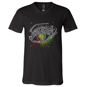 Juneteenth Eyes Rhinestone Black Wo Queen Afro Black V-Neck T-Shirt