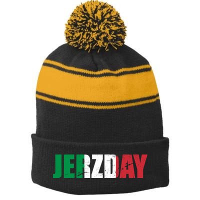 Jerzday Italian Party Logo Stripe Pom Pom Beanie