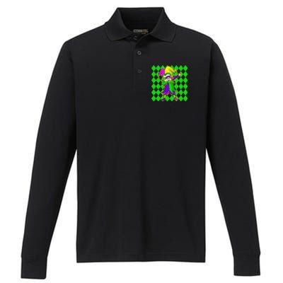 Jester Dabbing Mardi Gras Performance Long Sleeve Polo