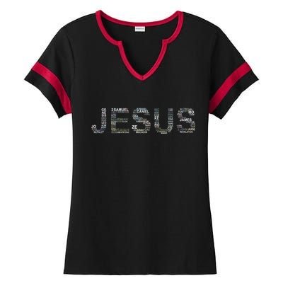 Jesus - Power is in the Name Word Mashup Ladies Halftime Notch Neck Tee