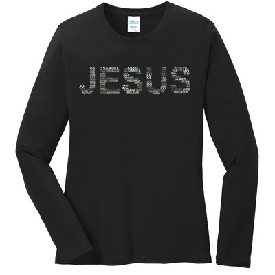 Jesus - Power is in the Name Word Mashup Ladies Long Sleeve Shirt