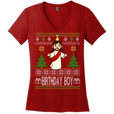 Jesus Birthday Boy Ugly Christmas Women's V-Neck T-Shirt