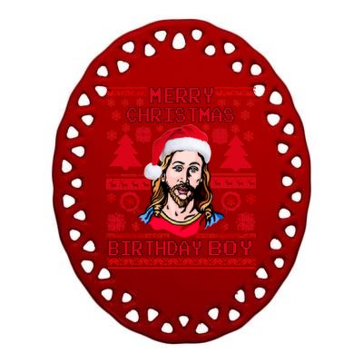 Jesus Birthday Ugly Christmas Sweater Ceramic Oval Ornament