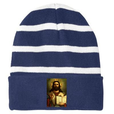 Jesus Christ Religious Photo Striped Beanie with Solid Band