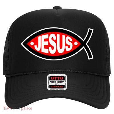 Jesus Christian Fish Symbol High Crown Mesh Back Trucker Hat