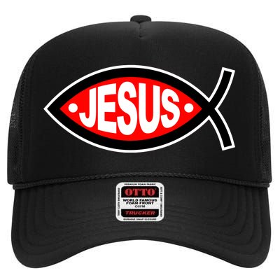 Jesus Christian Fish Symbol High Crown Mesh Back Trucker Hat