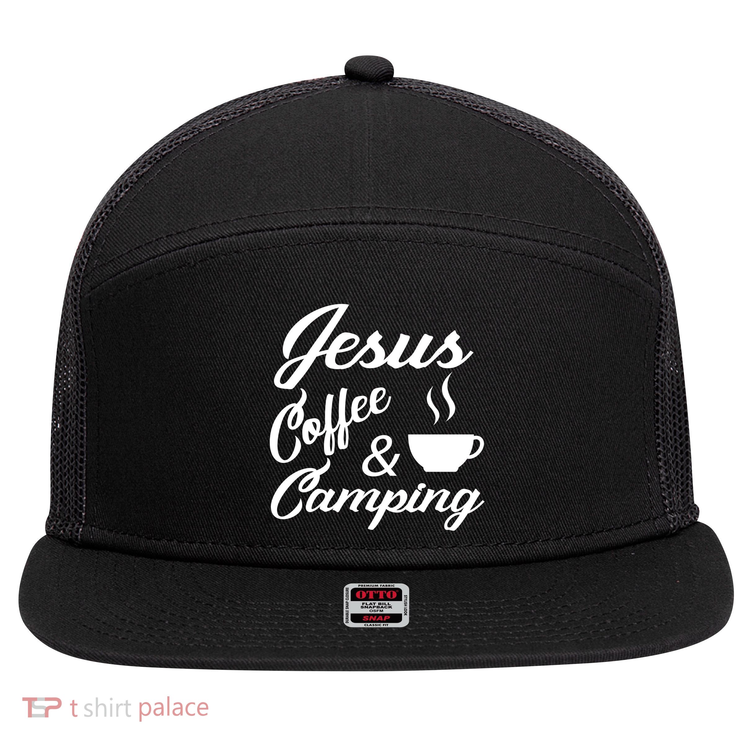 Jesus Coffee And Camping 7 Panel Mesh Trucker Snapback Hat